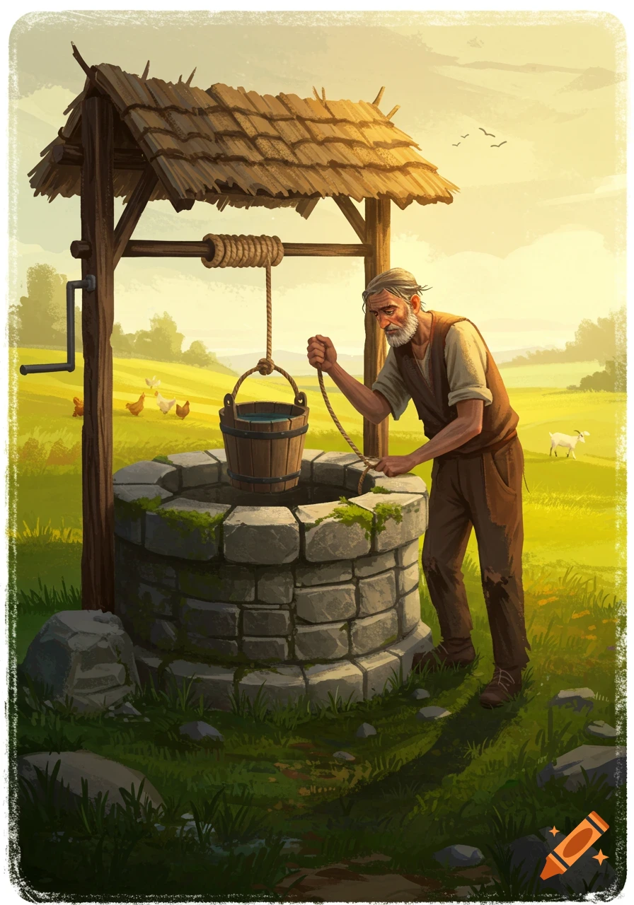 An old man pulls a bucket of water from a stone well in a sunlit rural landscape illustration.