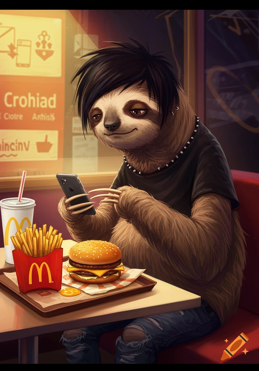An emo sloth sits at a table eating McDonald's fries and a burger while looking at a smartphone.