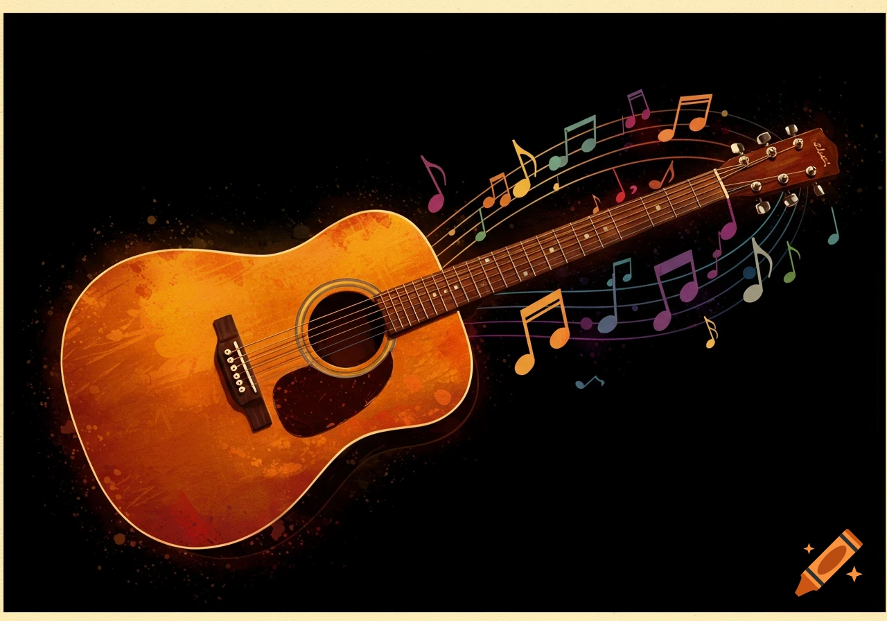 A watercolor-style acoustic guitar with colorful musical notes floating around it on a black background.