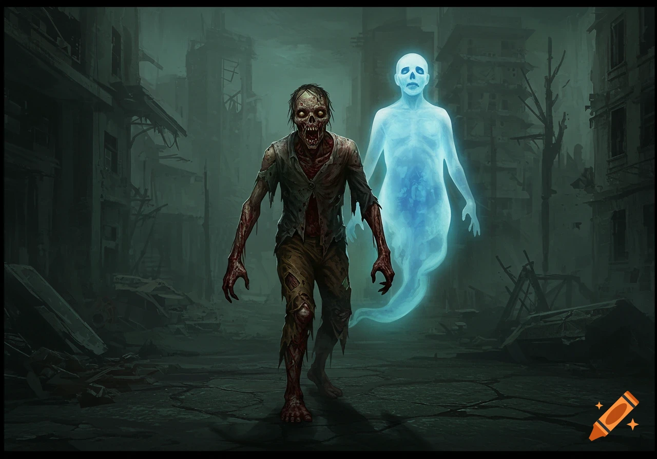 A zombie walks ahead of a glowing blue ghost in a ruined city.