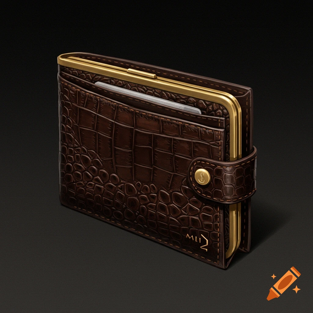 A brown crocodile-textured wallet with gold trim and clasp sits on a dark background.