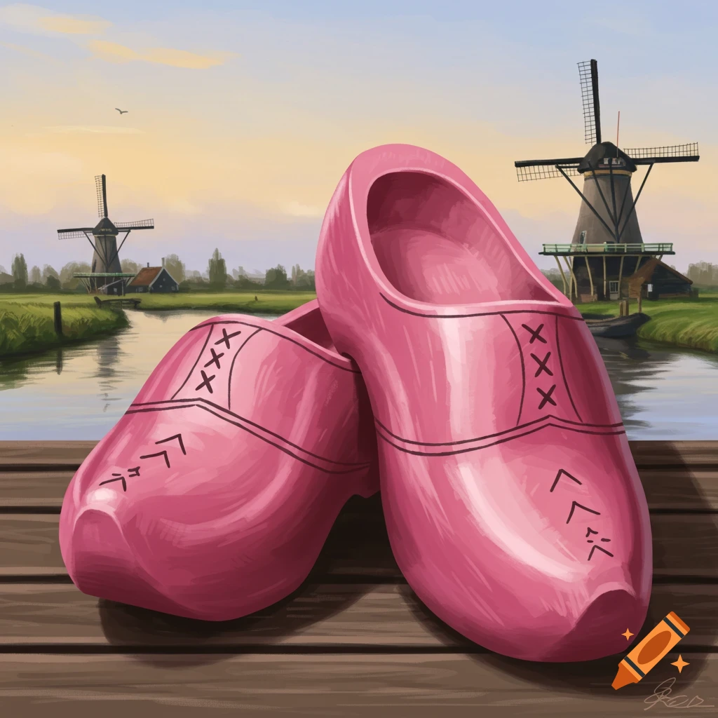 A pair of pink wooden dutch clogs sit on a dock with windmills and a river in the background, painted illustration.