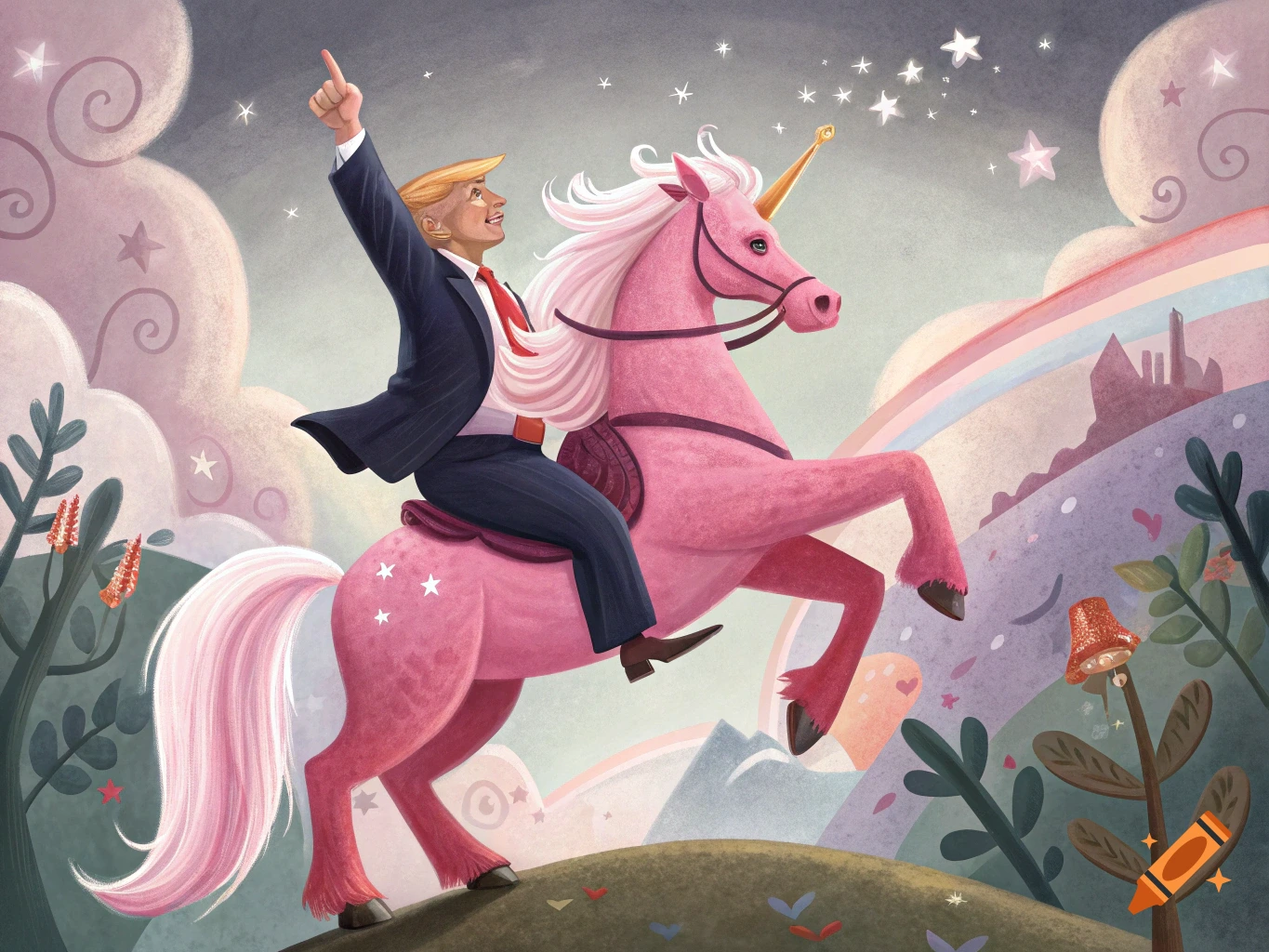 Stylized illustration of Donald Trump riding a pink unicorn in a fantasy landscape with clouds and a rainbow.