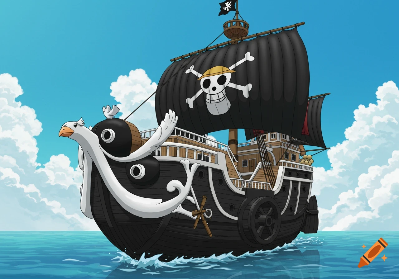 An anime pirate ship with a bird figurehead sails on the ocean.
