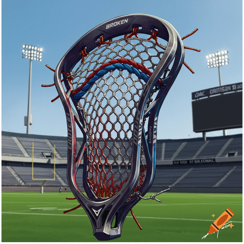 Close-up digital art of a lacrosse stick head with red, white, and blue mesh against a stadium backdrop on a sunny day.