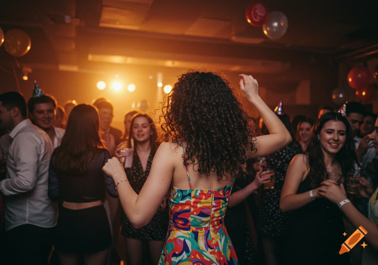 People dancing at a party with a woman in a colorful dress in the foreground.