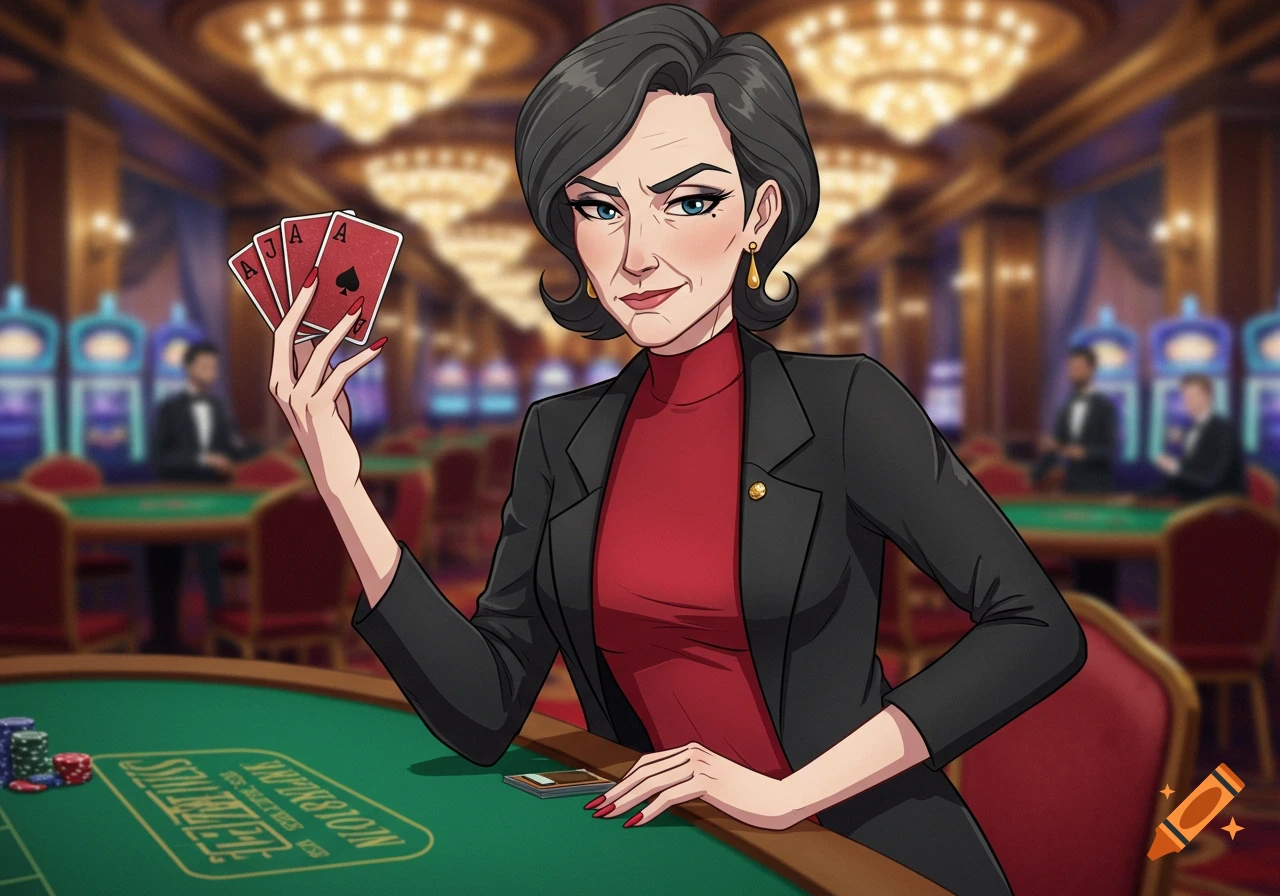 Animated woman holding poker cards at a casino table.