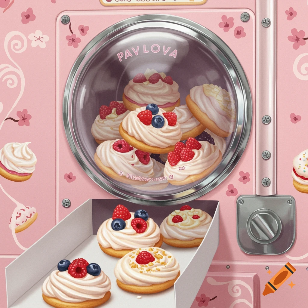 Pink vending machine dispensing pavlova cookies with berries and cream.