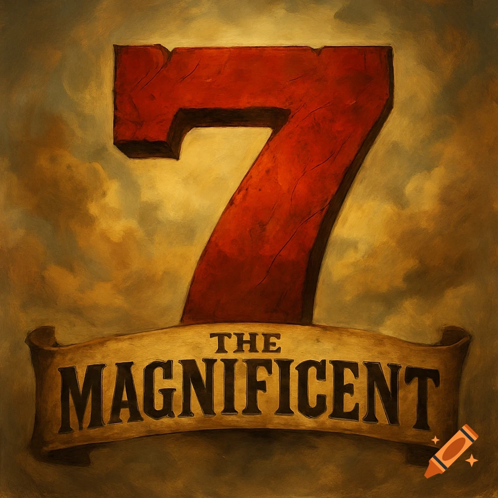 Stylized red number 7 above a scroll with 'THE MAGNIFICENT' text in a painted style.