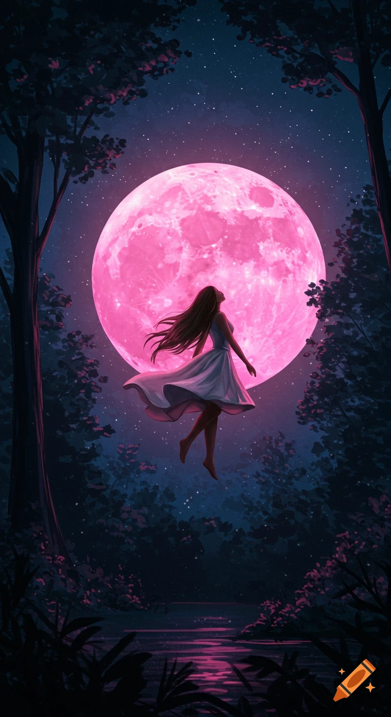 A woman in a white dress floats towards a large pink moon over a dark forest lake.