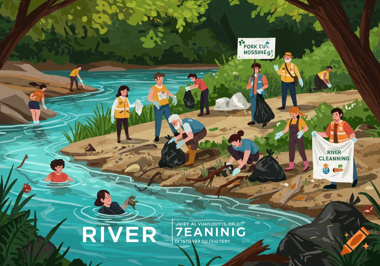 Illustration of volunteers cleaning litter from a river and its banks.