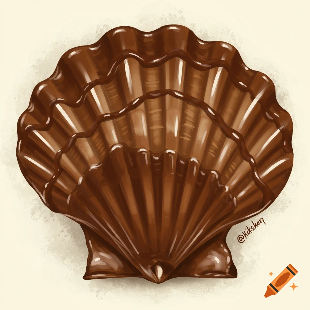 An illustration of a shiny brown chocolate seashell.