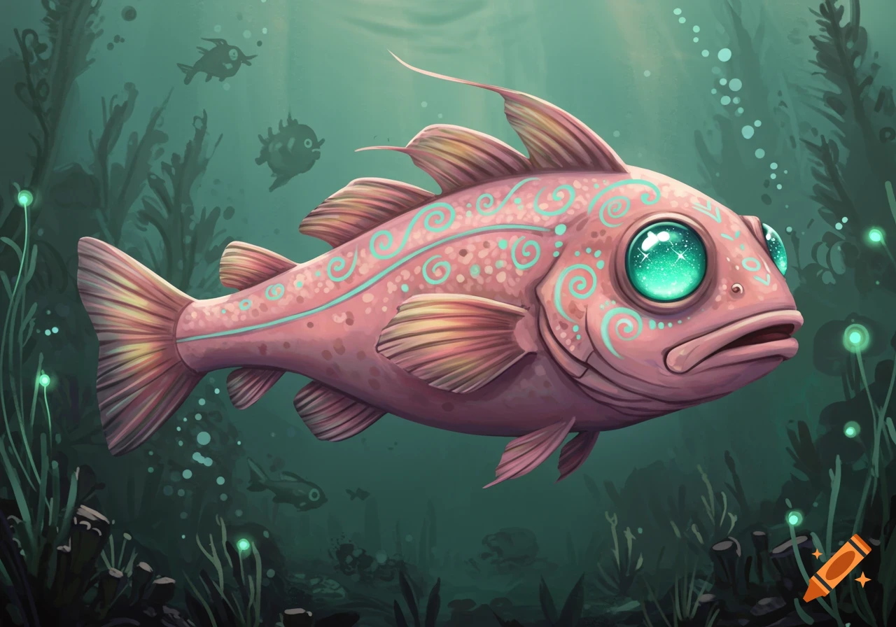 A whimsical pink fish with sparkling aqua eyes swims in deep blue-green water.