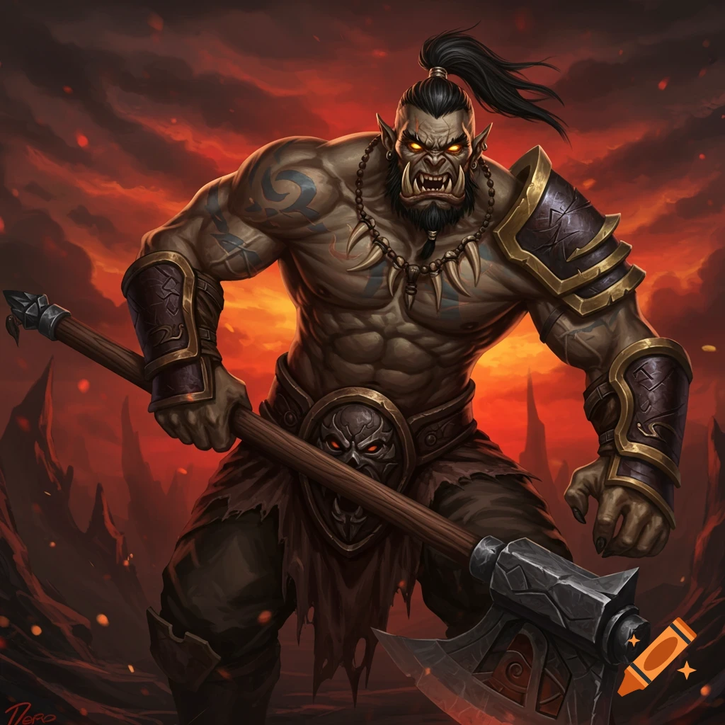 Muscular orc warrior with axe in a fiery landscape, digital painting