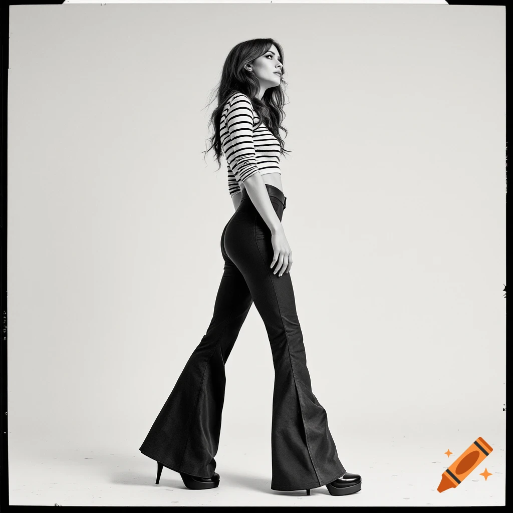 Black and white studio photo of a woman walking sideways in striped crop top and flared trousers with platform heels.