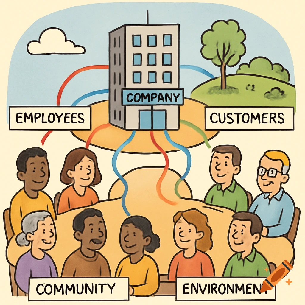 Cartoon illustration of a company building connected to diverse groups (employees, customers, community, environment) around a table.