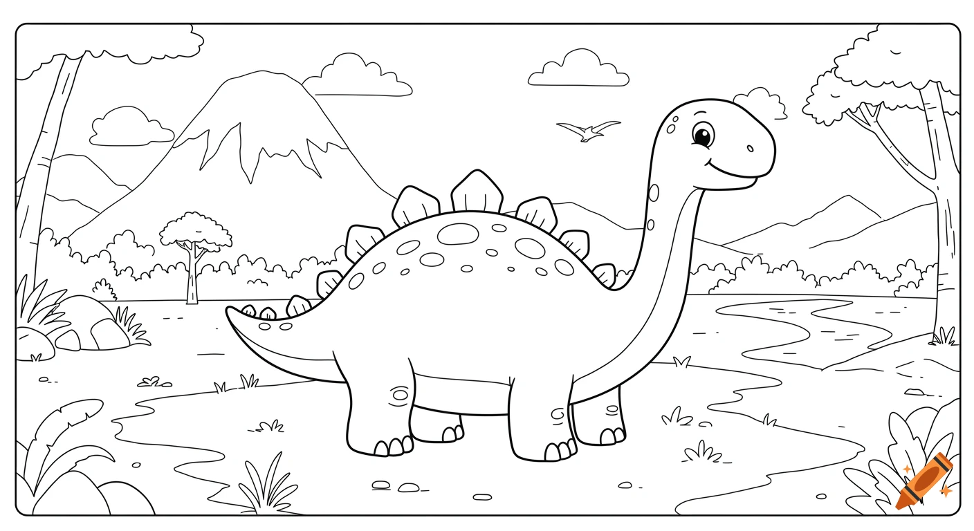 A black and white coloring page shows a friendly cartoon Stegosaurus dinosaur in a prehistoric landscape with mountains, trees, and a river.