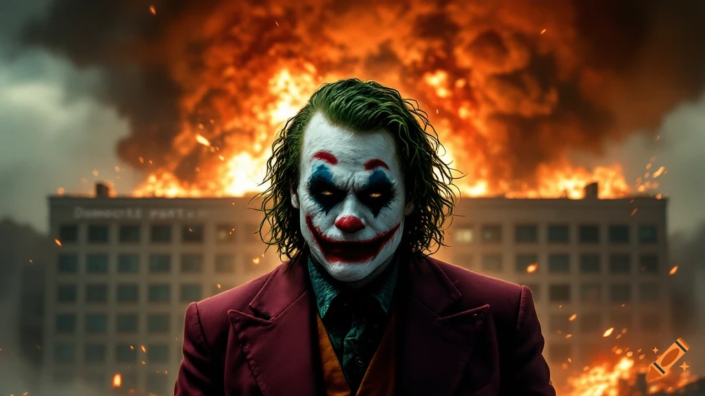 A Joker-like figure stands in front of a building engulfed in flames