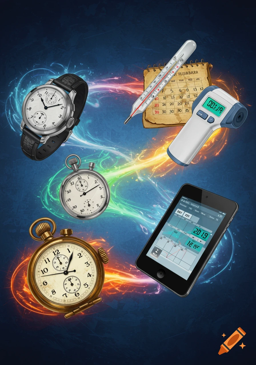 Various timepieces, thermometers, and a smartphone surrounded by swirling colorful light trails.