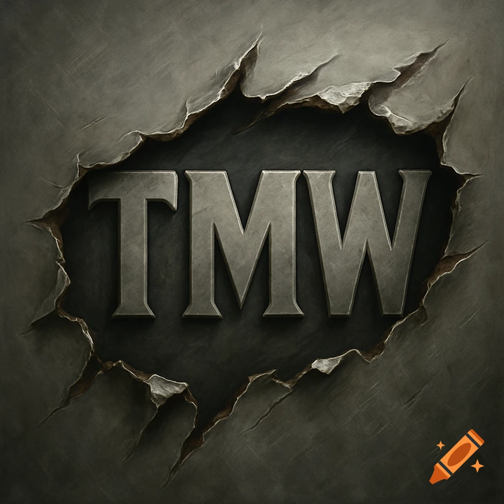Metallic letters TMW through ripped metal