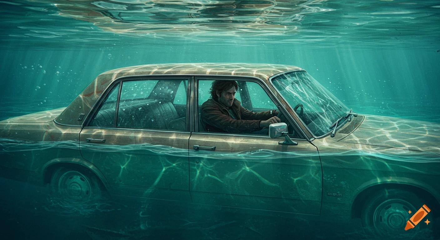 Man driving a car fully submerged underwater with sunlight filtering through the surface.