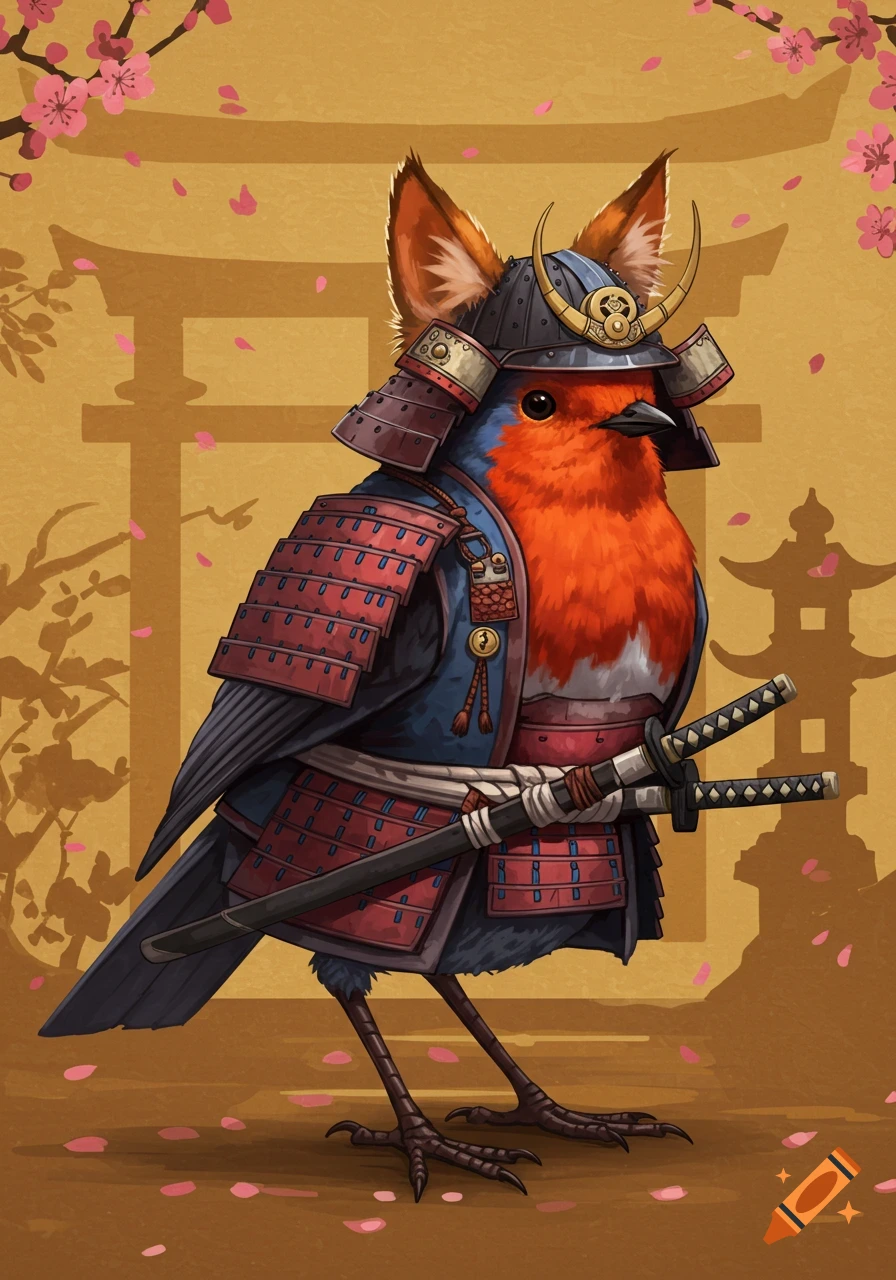 A robin bird in samurai armor stands in front of a Japanese gate and cherry blossoms.