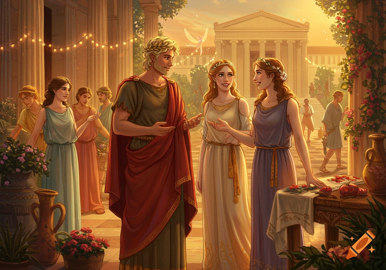 People in ancient Greek attire gather outdoors with classical architecture at sunset.