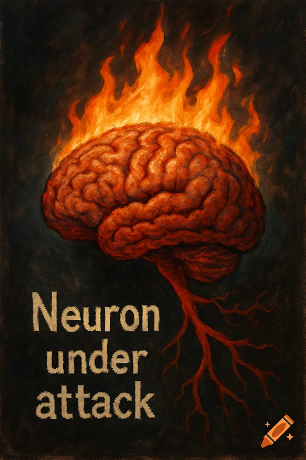 Dark painterly illustration of a brain burning with flames on top, labeled "Neuron under attack."
