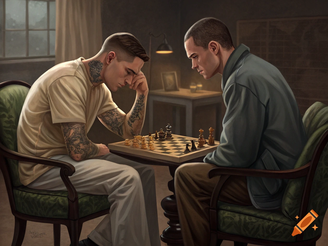 Illustration of two men playing chess in a dimly lit room