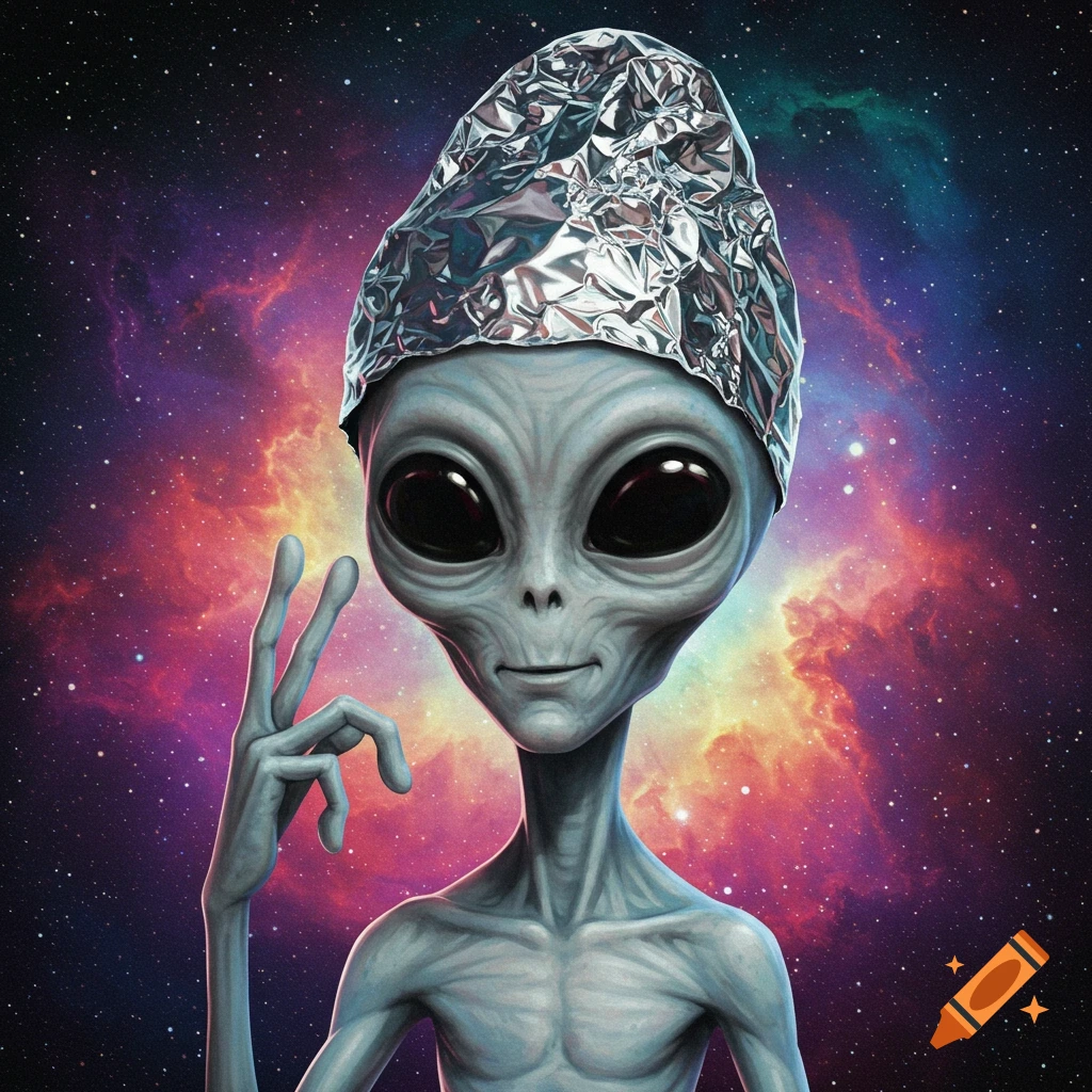A grey alien wearing a tin foil hat makes a peace sign in front of a colorful nebula backdrop.