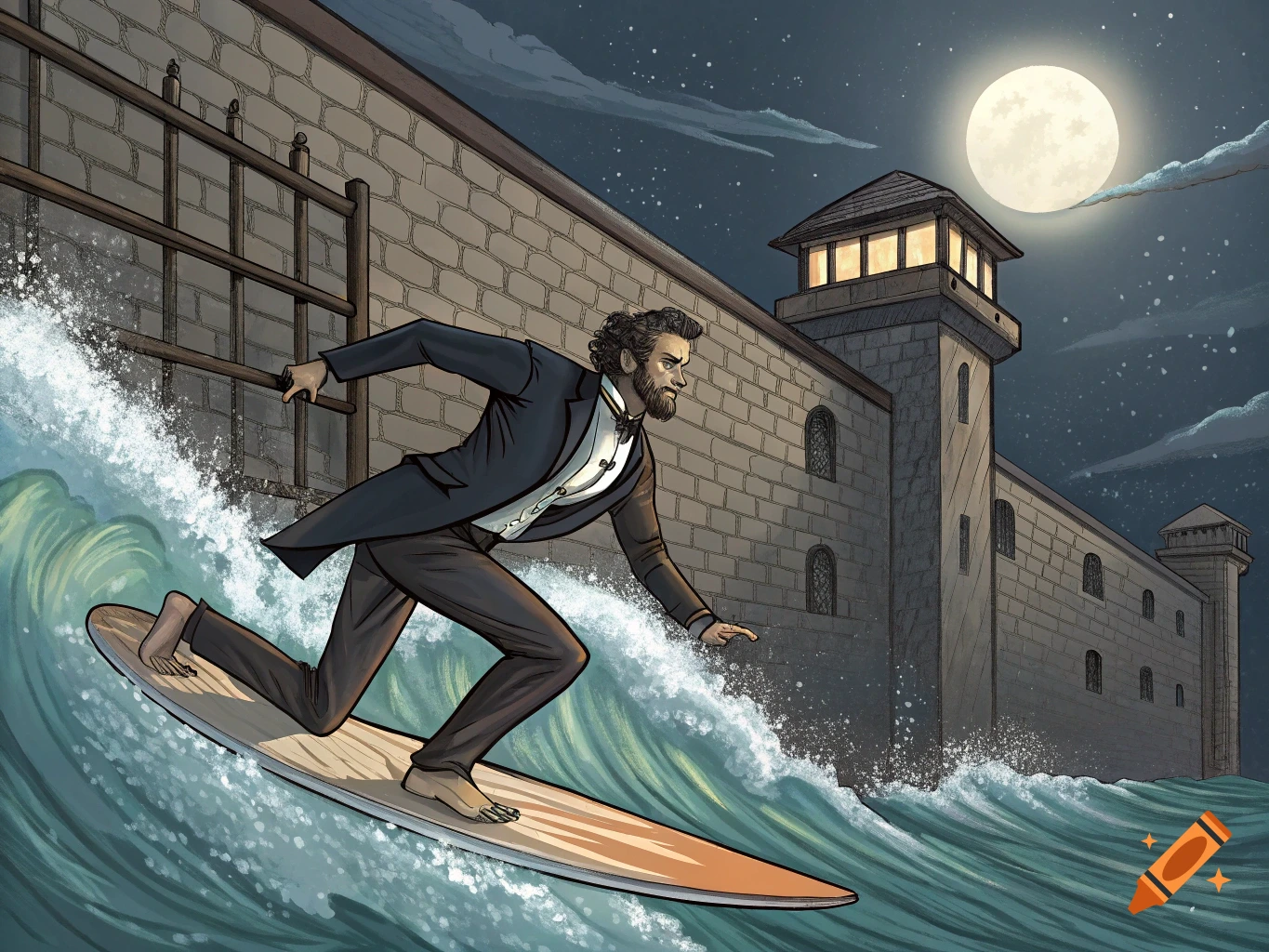 Illustration of a man in a suit surfing a wave beside a prison wall at night under a full moon.