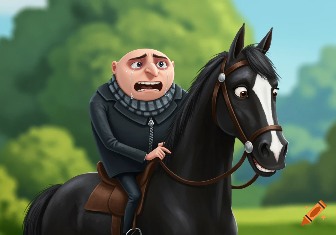 Cartoon character Gru crying while riding a black horse in a field.