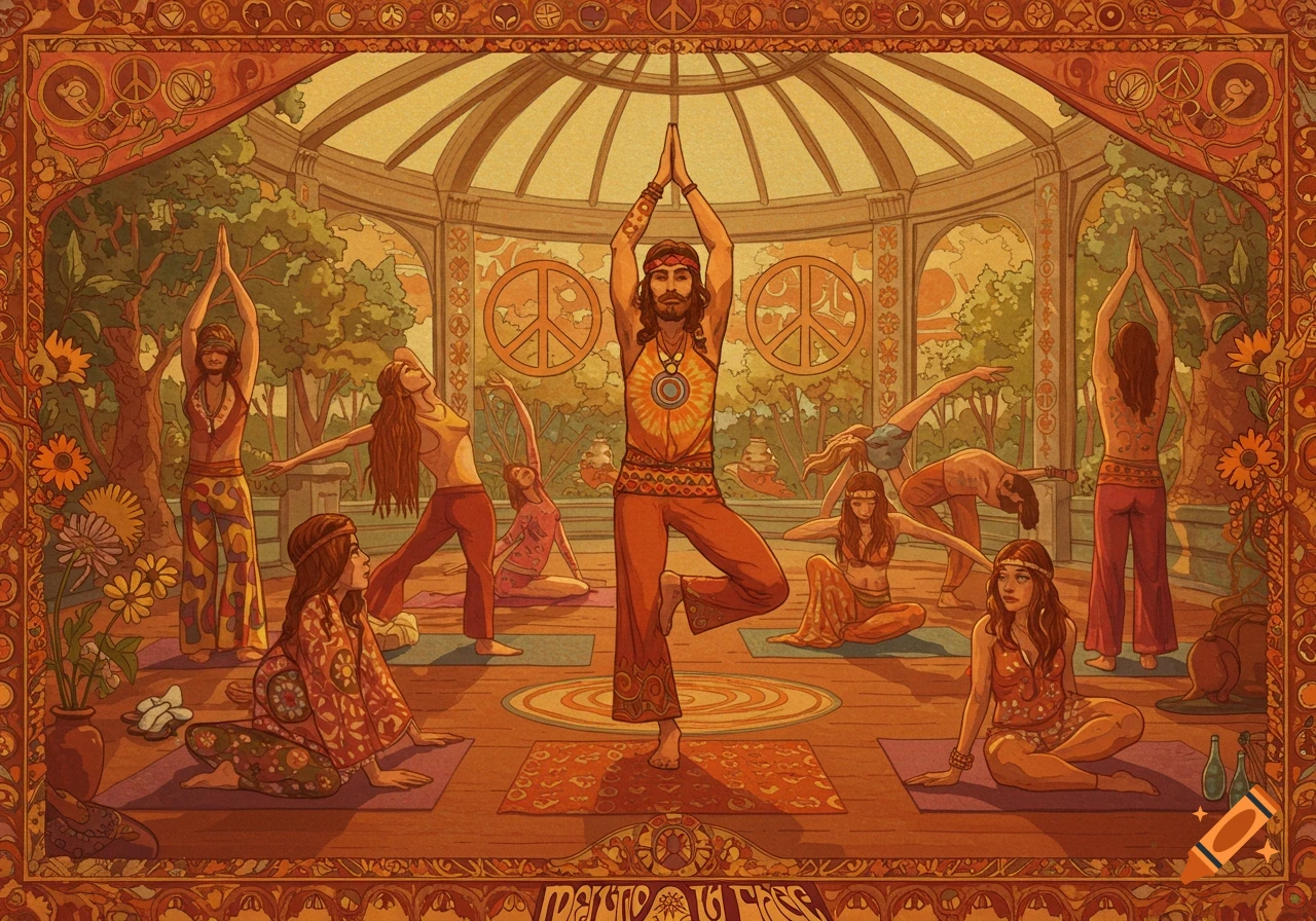 Stylized vintage illustration of a group doing yoga in a gazebo.