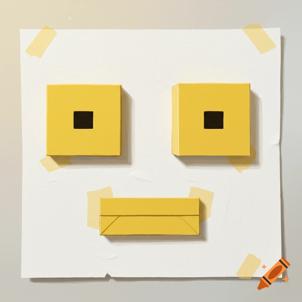 A face made from yellow boxes taped to a sheet of paper. on Craiyon
