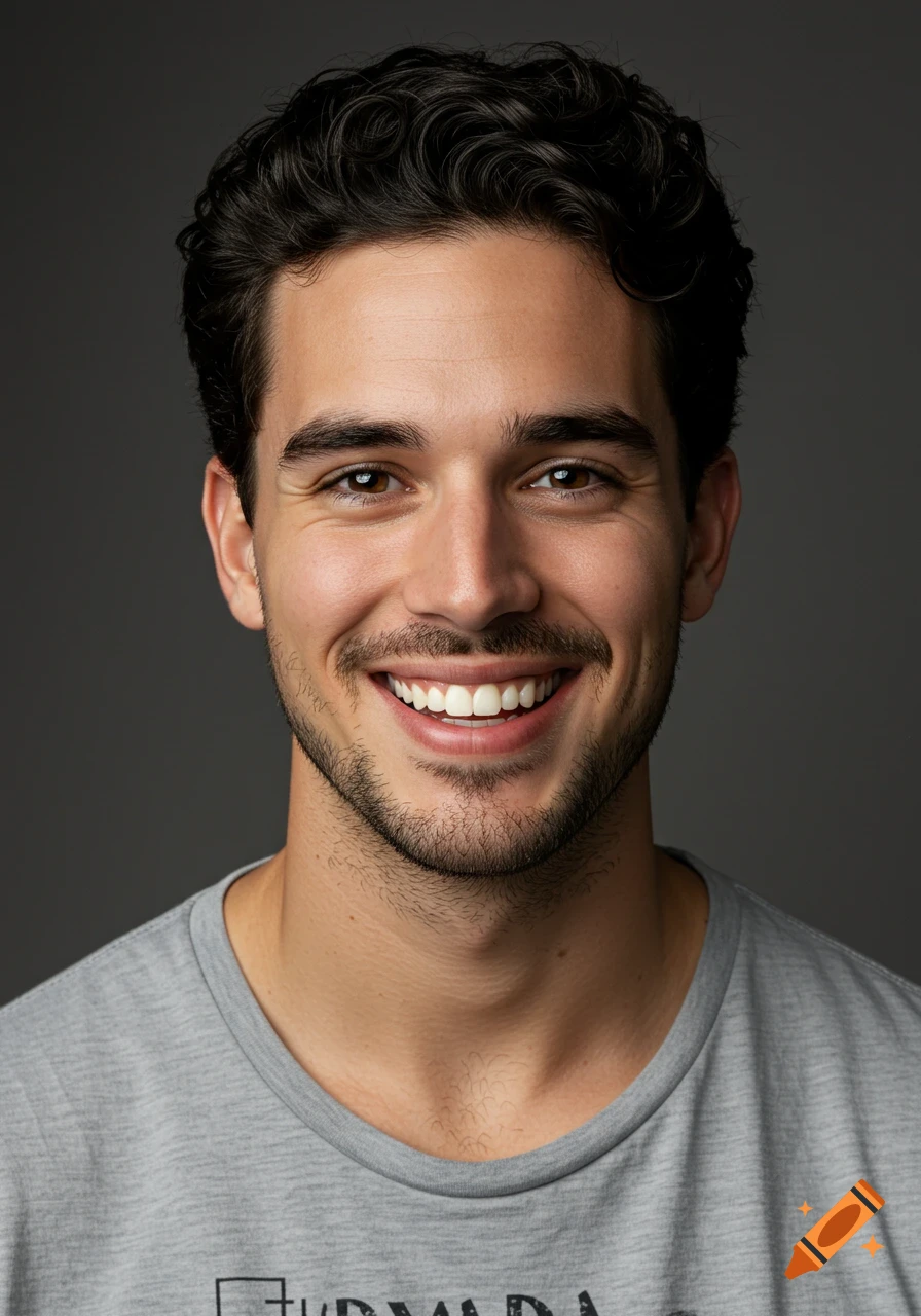 A close-up photo of a smiling young man with dark wavy hair and light stubble wearing a grey t-shirt.