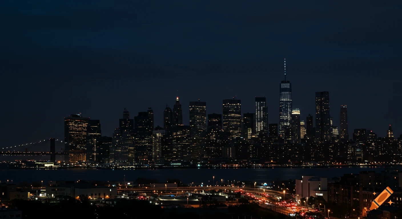 New York City skyline at night with lights reflecting on water.
