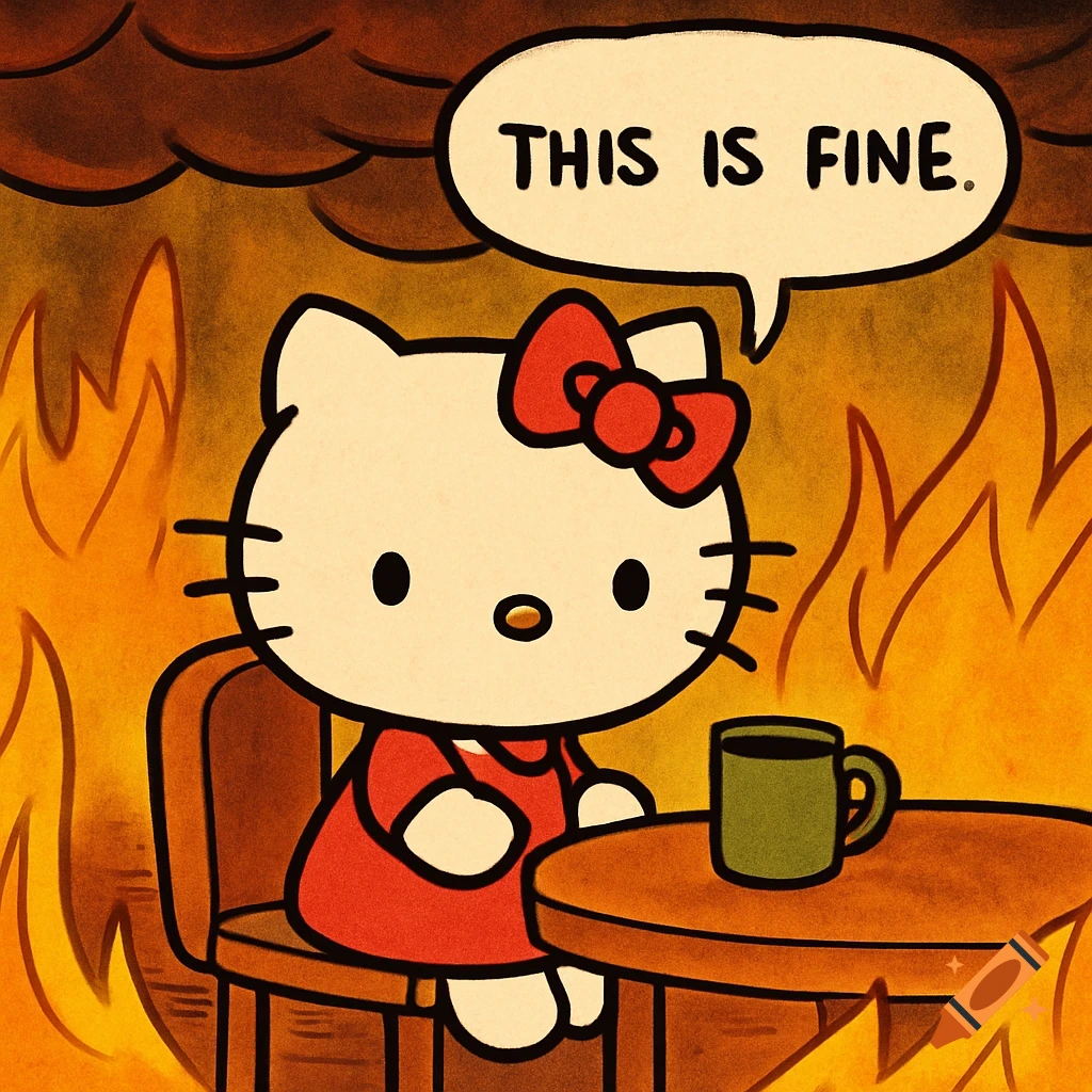 Hello Kitty cartoon sits in a burning room, drinking coffee, with speech bubble 'THIS IS FINE.'