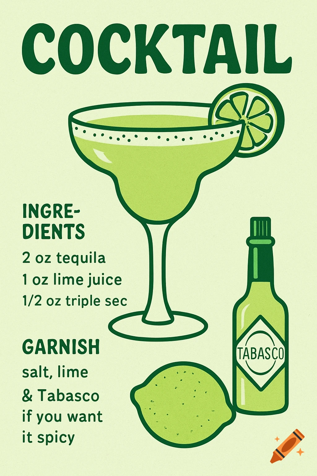 Illustration of a cocktail recipe poster showing ingredients, garnish, and a margarita glass, lime, and Tabasco bottle.