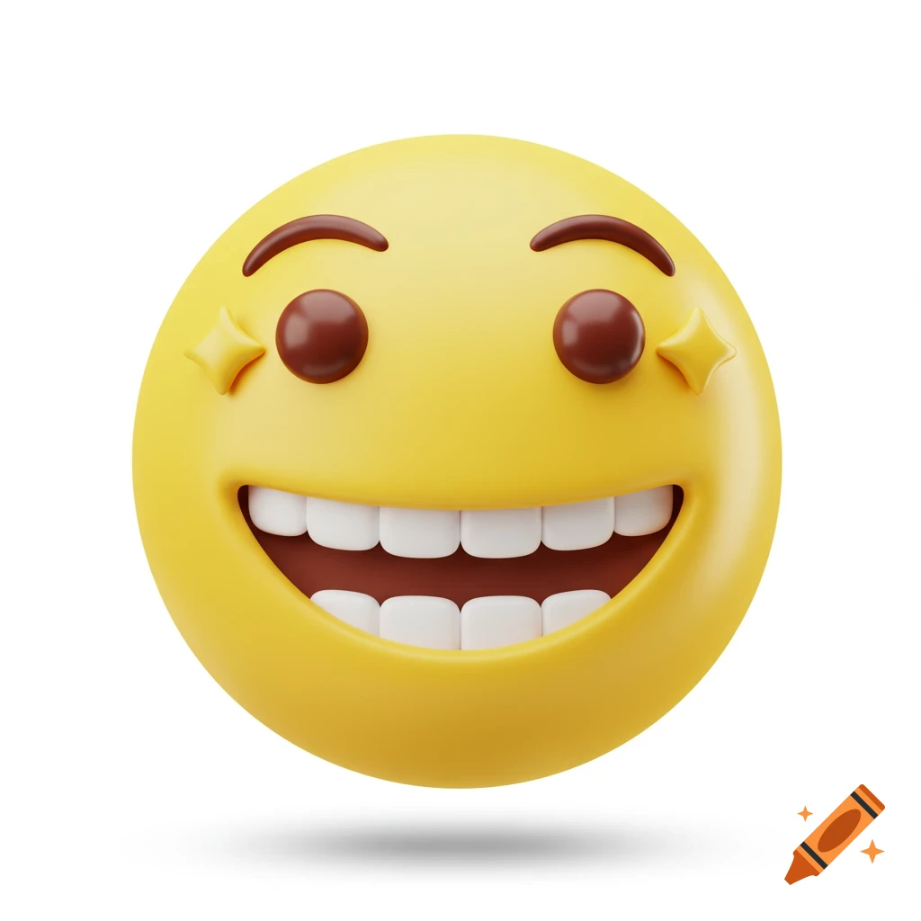 A 3D rendering of a yellow smiling emoji with star-shaped eyes.