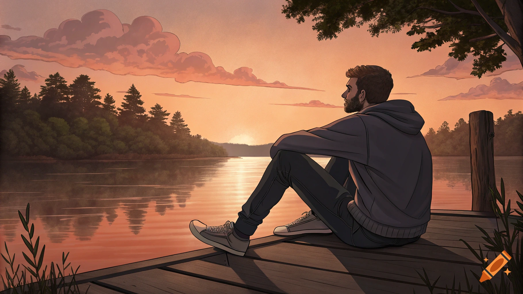 An illustrative image of a man sitting on a dock looking at a lake at sunset.