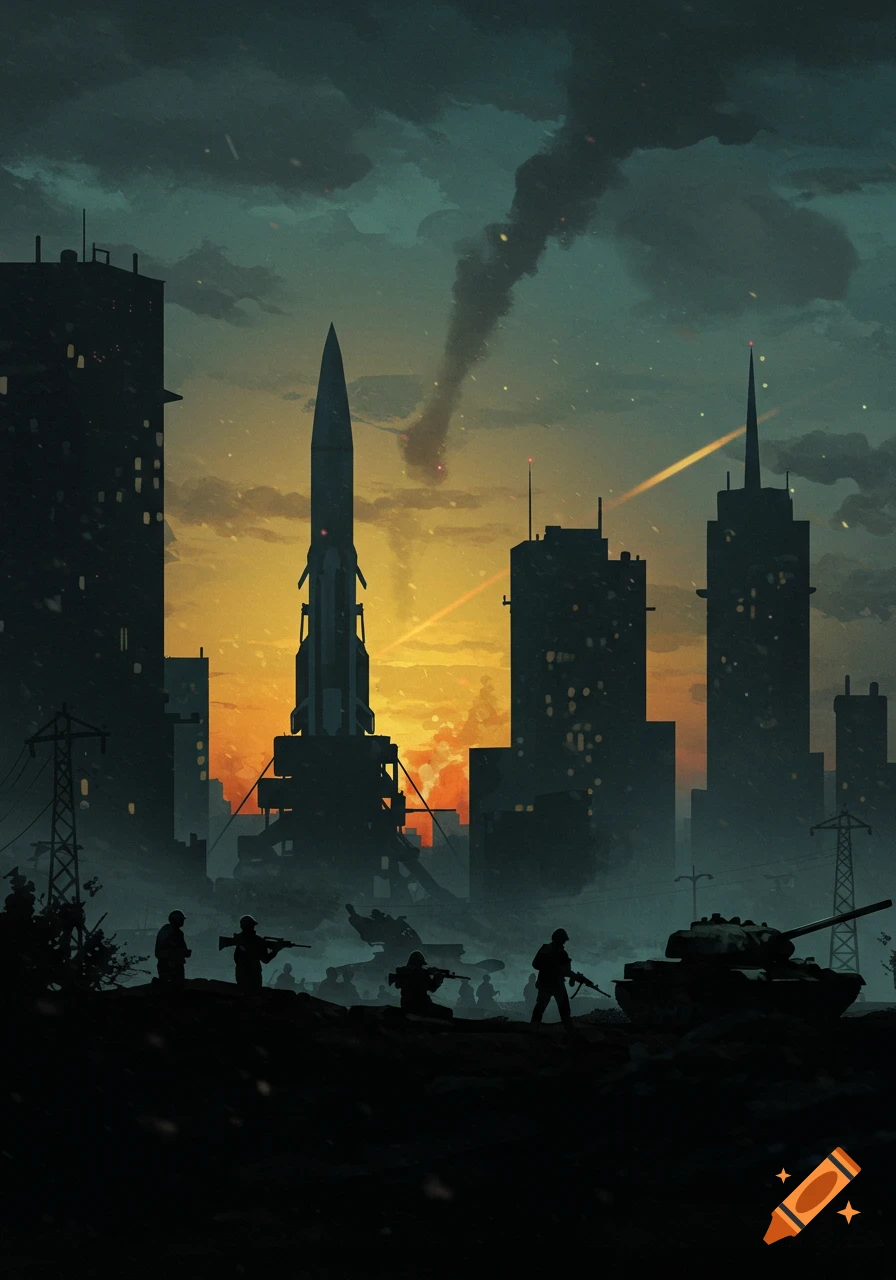 Silhouetted soldiers and tank in front of a city skyline with a large missile launcher at sunset, a trail of smoke in the sky.
