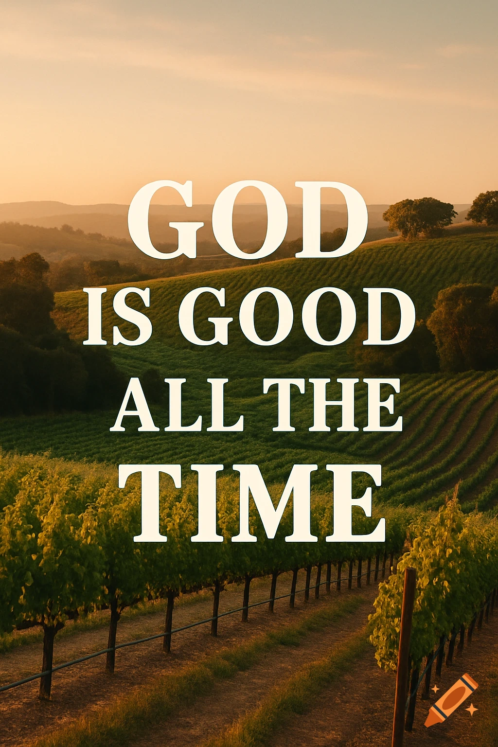 Vineyard landscape at sunset with the text 'God is good all the time'