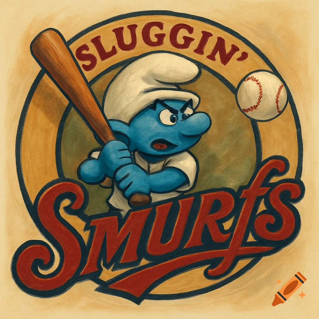 Logo featuring a Smurf swinging a baseball bat, with text 'SLUGGIN'' and 'SMURFS'