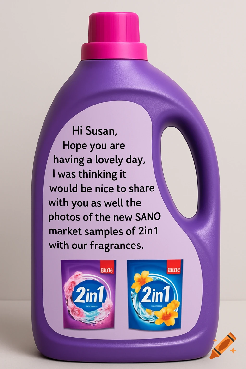 Purple laundry detergent bottle with a large text label and two product sample images