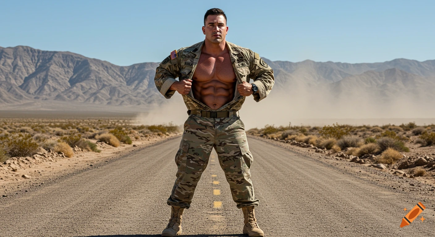 A muscular soldier opens his uniform shirt to reveal his abs while standing on a desert road.