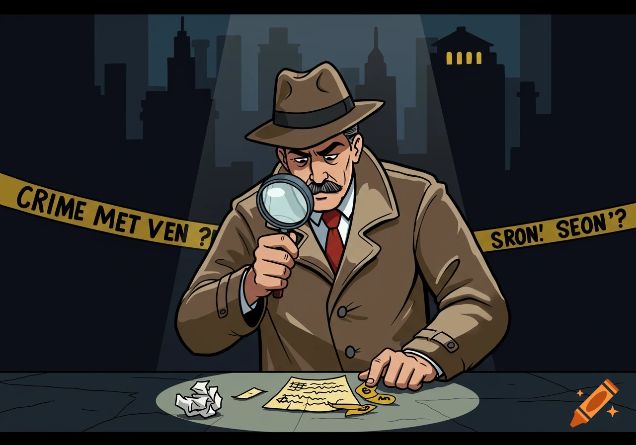 Cartoon illustration of a detective with a magnifying glass examining documents at a desk, with crime scene tape and a city skyline.