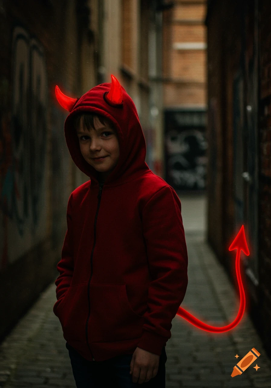 Young boy in a red devil hoodie with horns and tail standing in an alley.