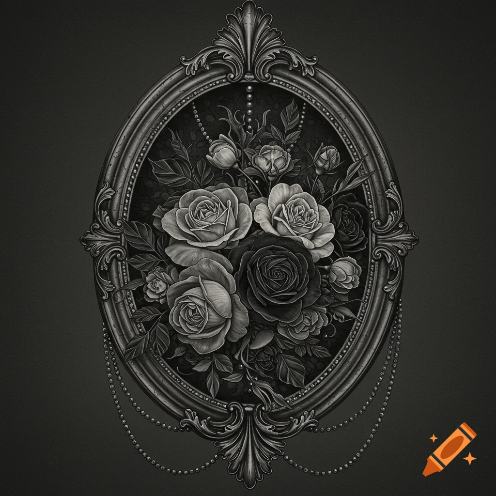 Grayscale gothic oval frame with roses and beaded accents