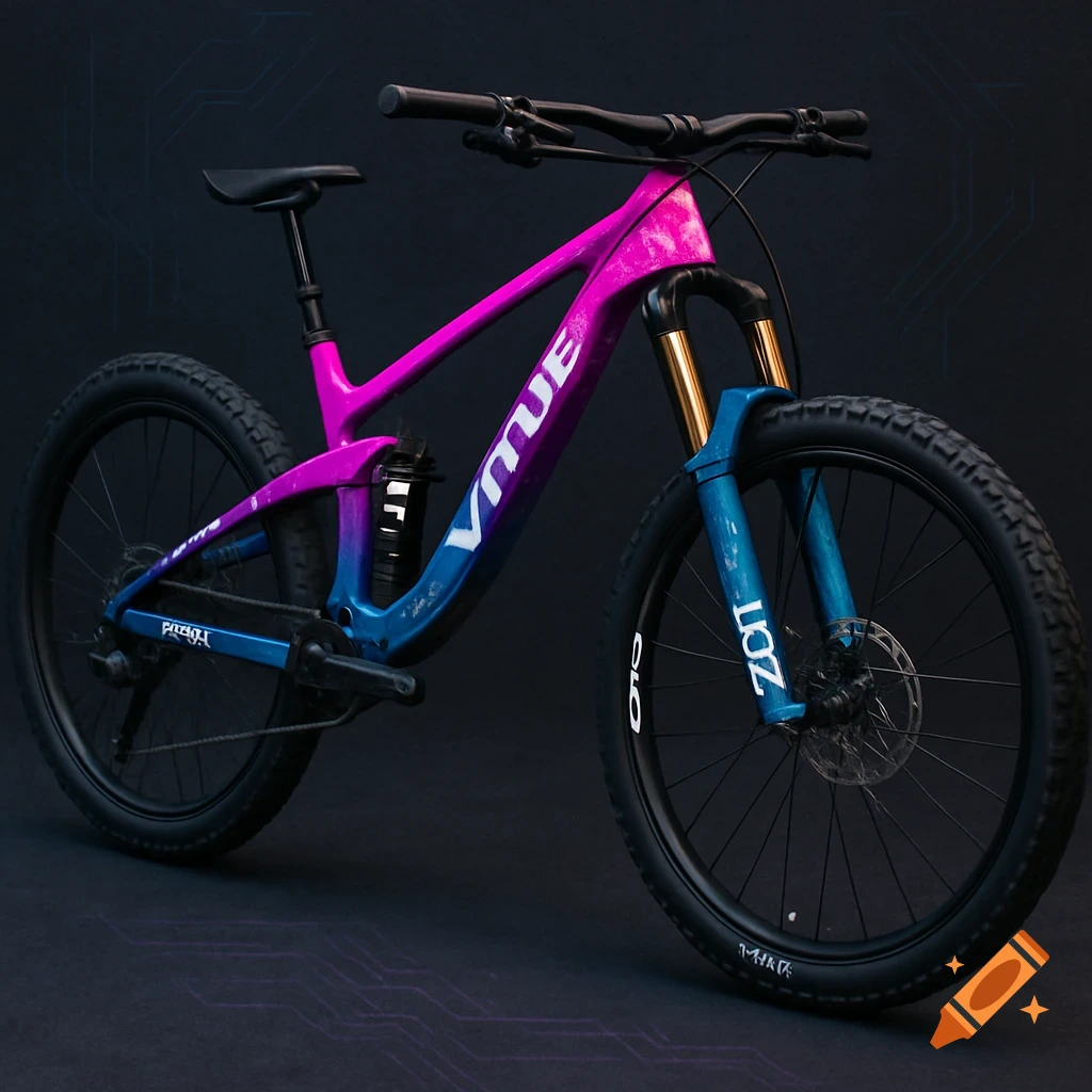 A mountain bicycle with a pink and blue gradient frame in a studio