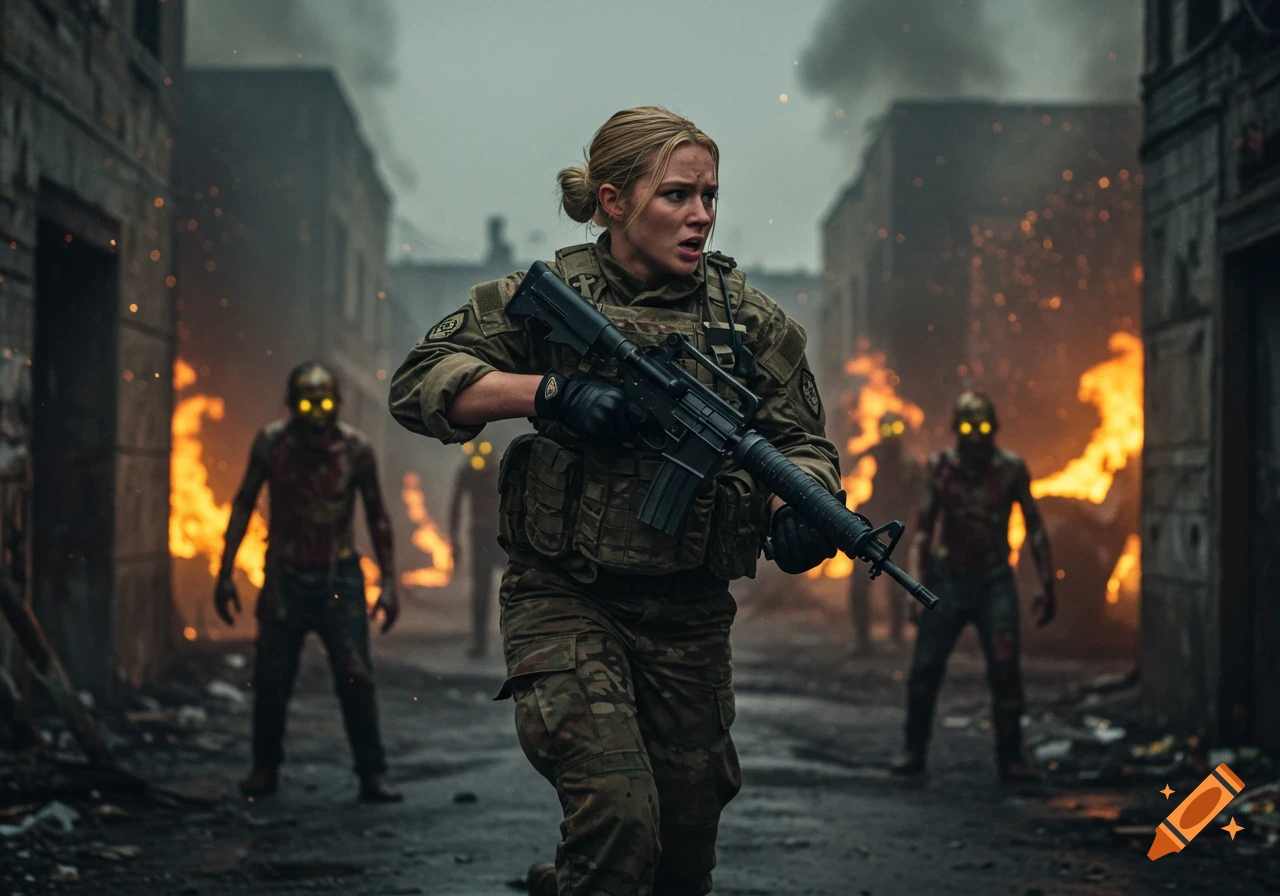 Photorealistic female soldier with a rifle running from zombies in a burning city street.